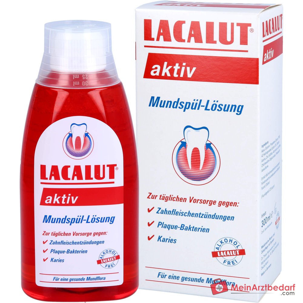Lacalut Aktiv Olaflur / Chlorhexidin Digluconat / Aluminiumlaktat / Zinksulfat Mundspül-Lösung, 300 ml.