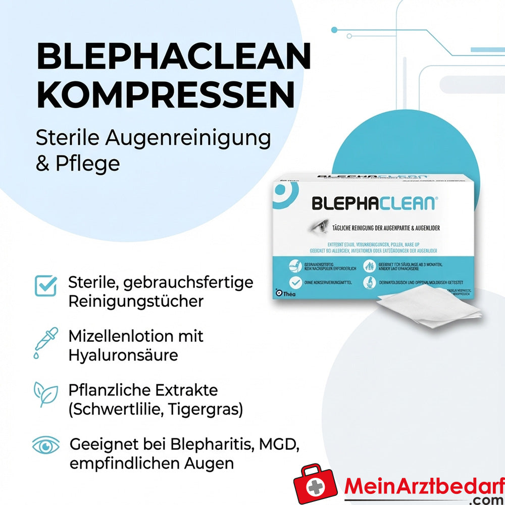 Impacchi Blephaclean, salviette sterili per la pulizia degli occhi, acido ialuronico, 20 pezzi.