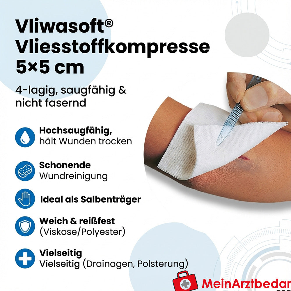 Vliwasoft Vliesstoffkompresse 5 cm x 5 cm 4-lagig unsteril 100 Stück
