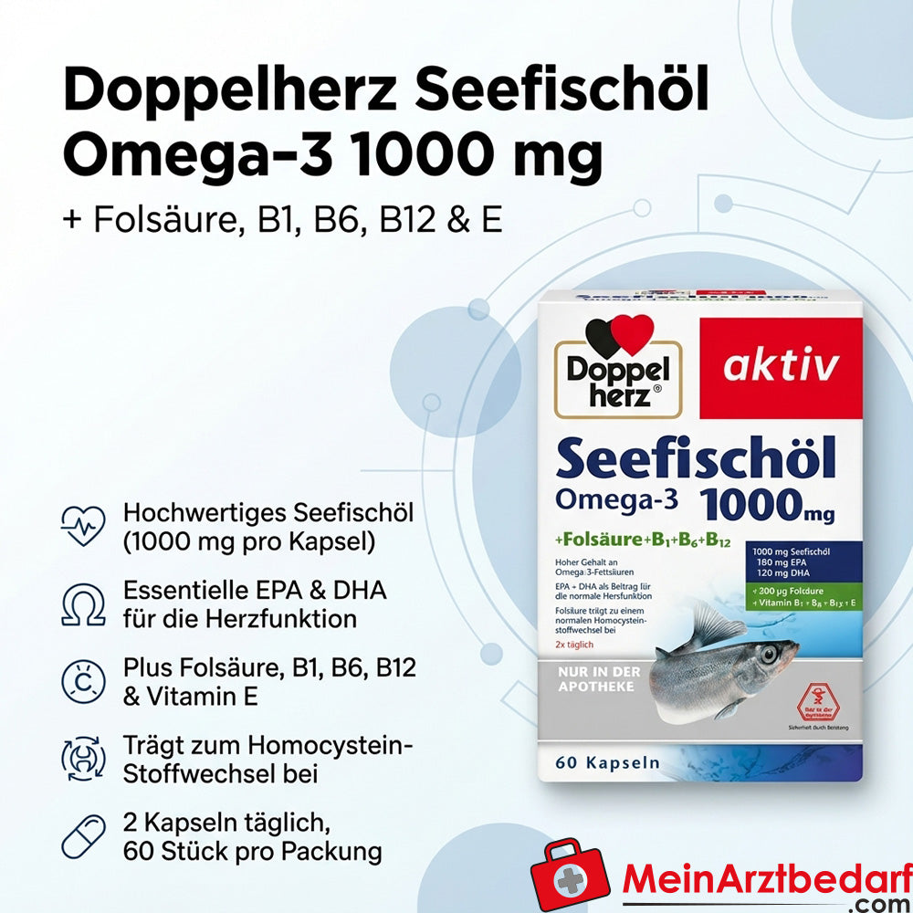 Olio di pesce marino Doppio Cuore Omega-3 1000 mg + Acido folico Capsule 60 Capsule