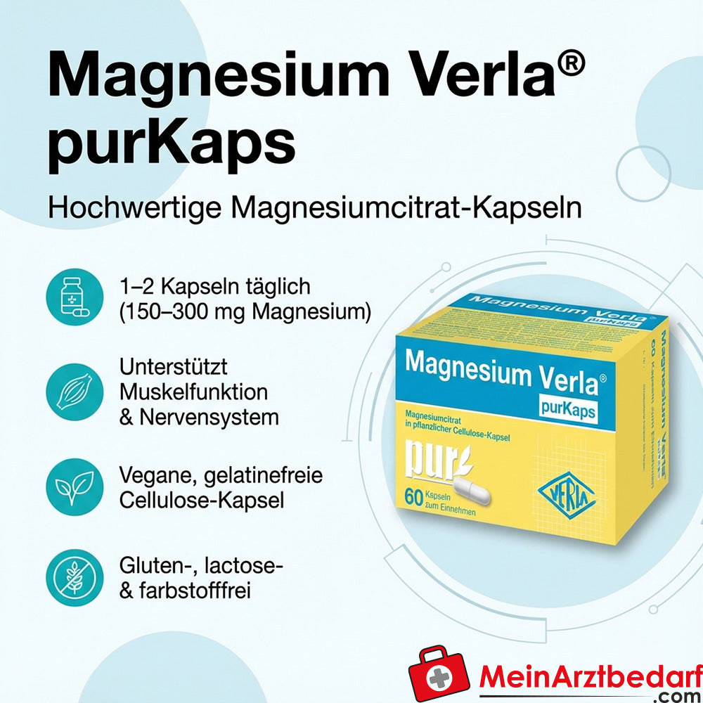 Magnesium Verla purKaps Trimagnesiumdicitrat Kapseln 150–300 mg Magnesium/Tag (als Magnesiumcitrat) 60 Stück