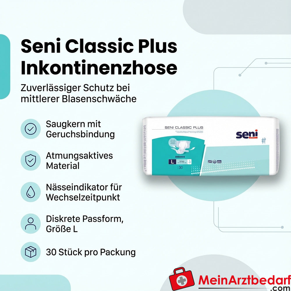 Seni Classic Plus L Culotte d'incontinence taille L pour incontinence moyenne Indicateur d'humidité Noyau absorbant respirant
