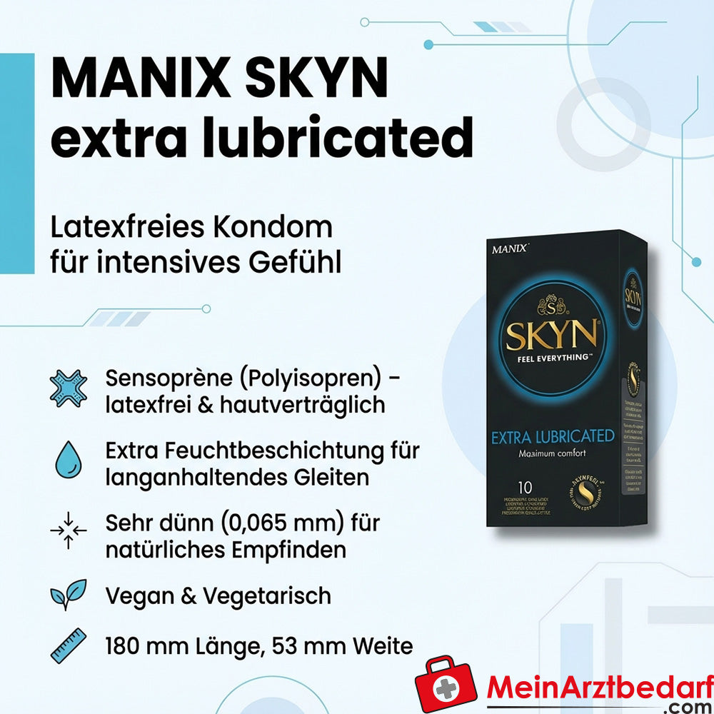 MANIX SKYN extra lubricated Kondome Polyisopren (Sensoprène) 53 mm Nominalweite 180 mm