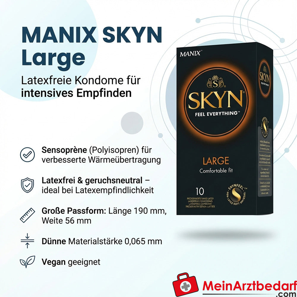 MANIX SKYN Large Kondome 56 mm (190 mm) Sensoprène (Polyisopren) latexfrei feucht beschichtet vegan