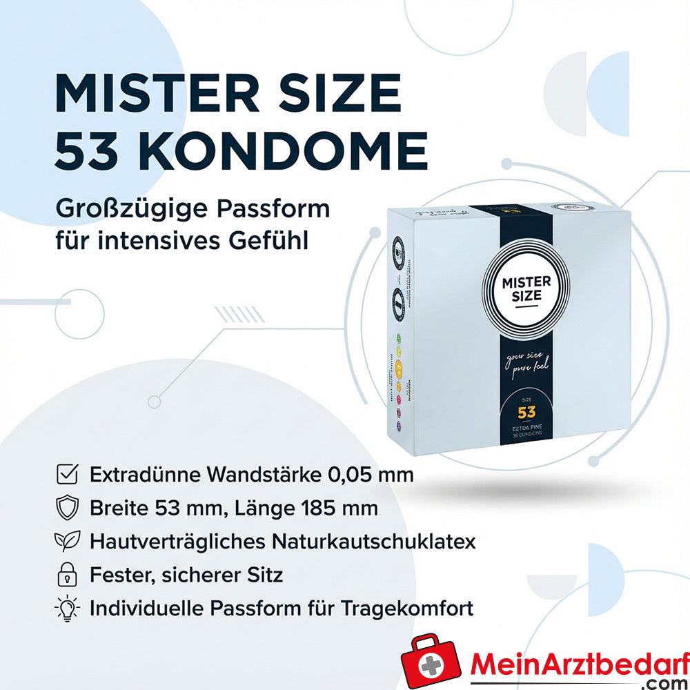 Mister Size 53 Préservatifs 53 mm x 185 mm, extra-minces 0,05 mm, 10 pièces