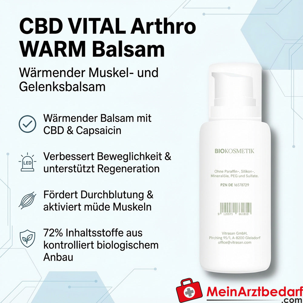 CBD Arthro Warm Cannabidiol / Extrait de Boswellia / MSM / Menthol / Camphre / Huile d'orange / Extrait de gingembre / Extrait de capsicum / Panthénol / Huile de clou de girofle / Crème chauffante Aloe Vera, 100 ml