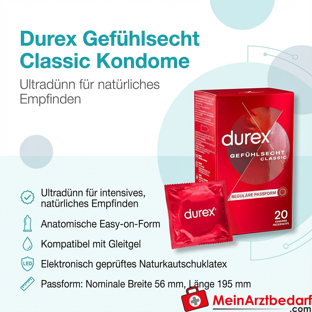 Durex Gefühlsecht Classic prezerwatywy z naturalnej gumy lateksowej 56 mm x 195 mm 12 sztuk