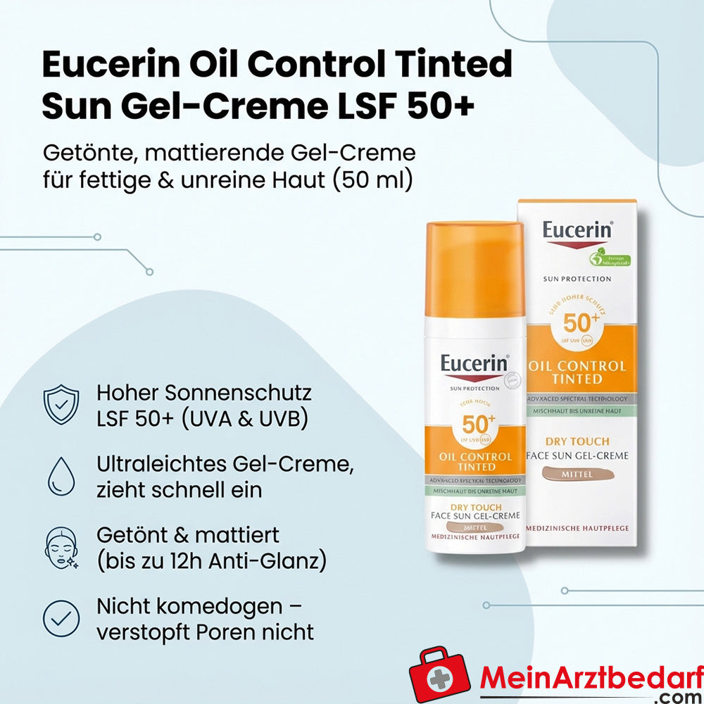 Eucerin Oil Control Getinte Gezichtszonnebrandcrème SPF 50+ 50 ml voor de vette, onzuivere huid