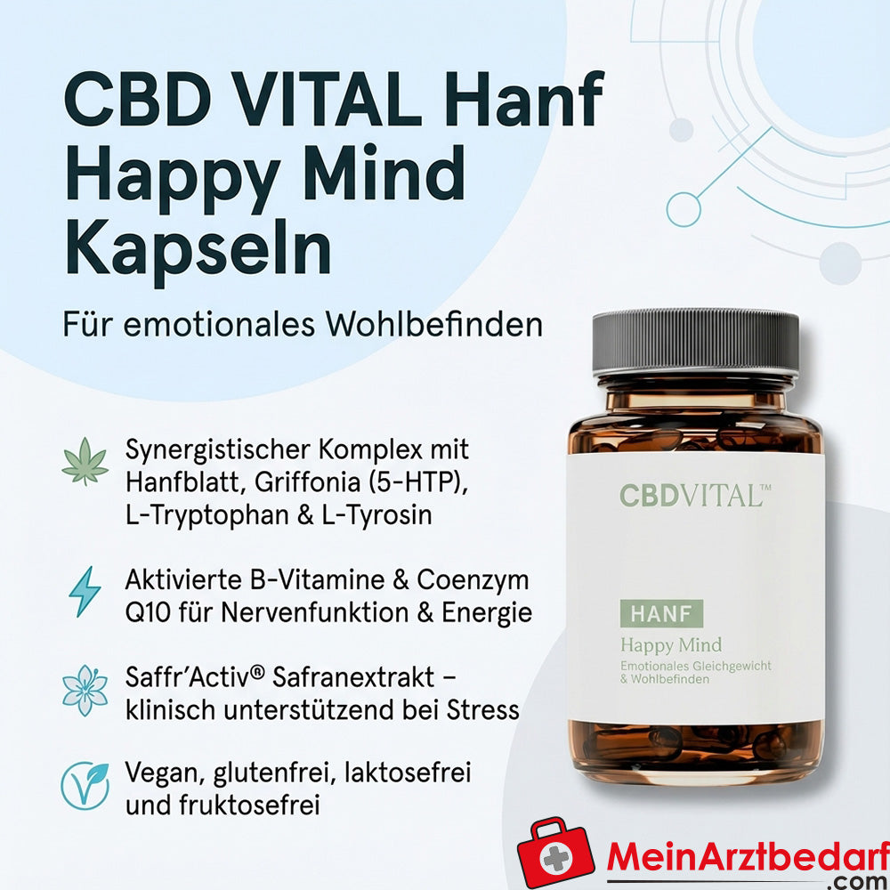 CBD VITAL Gélules de chanvre Happy Mind avec Griffonia (5-HTP) 60 pièces