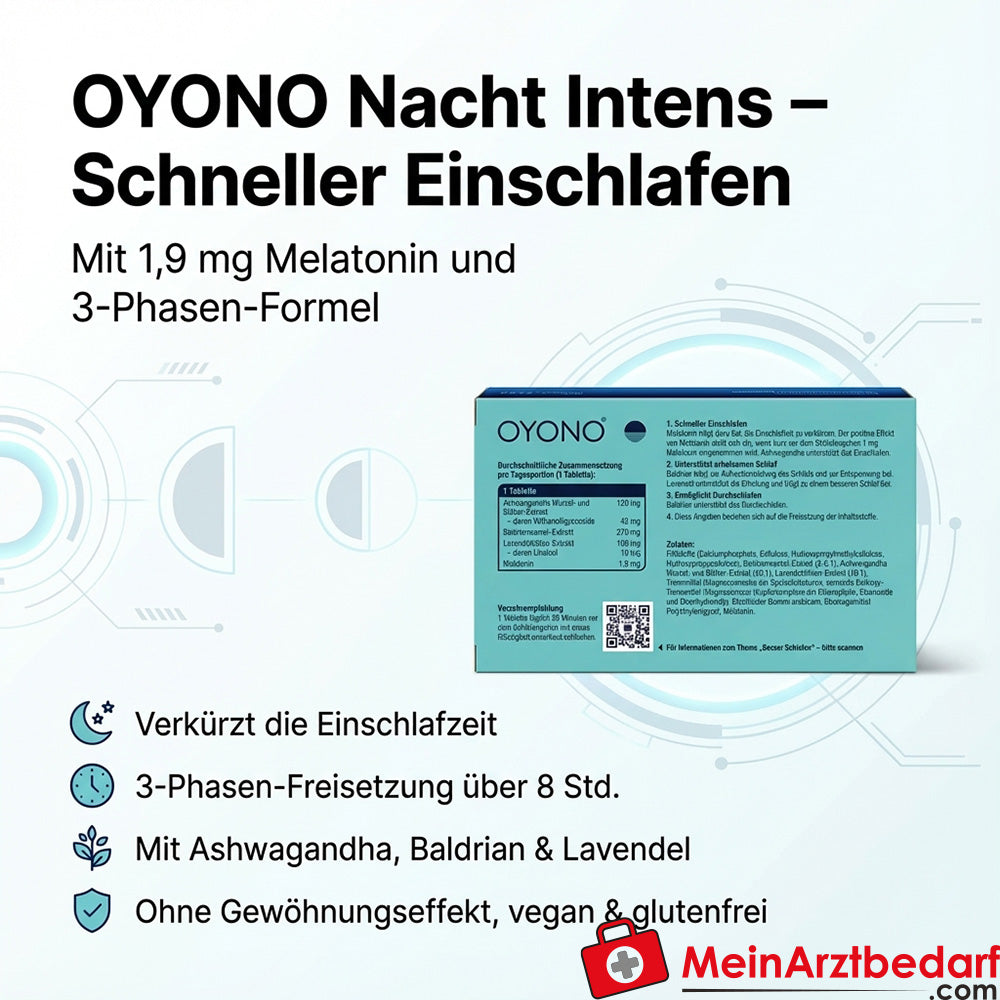 OYONO Nacht Intens Tabletten 1,9 mg Melatonin 20 Stück mit Ashwagandha, Baldrian, Lavendel