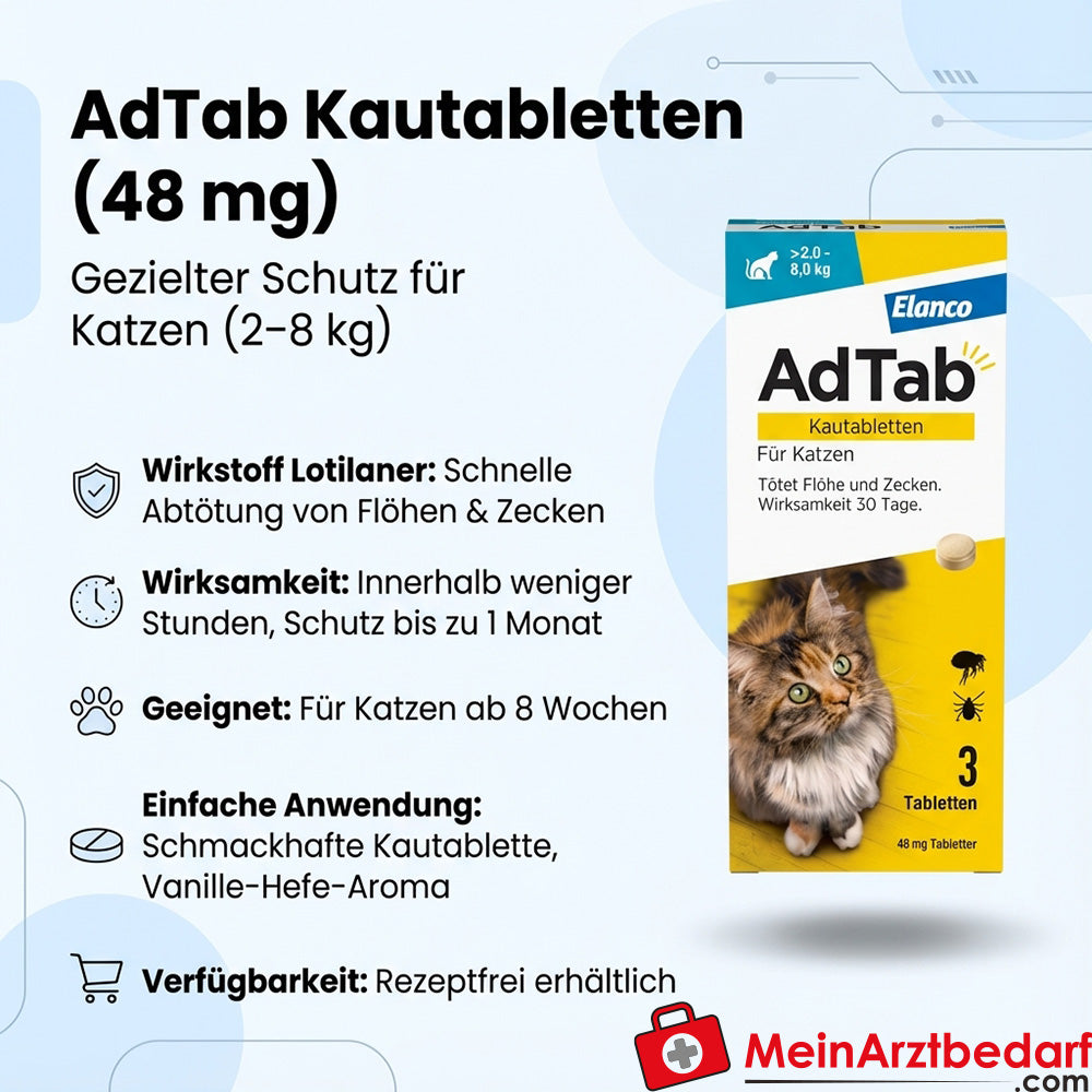 Adtab Kautabletten Lotilaner 48 mg für Katzen 2-8 kg 3 Stück