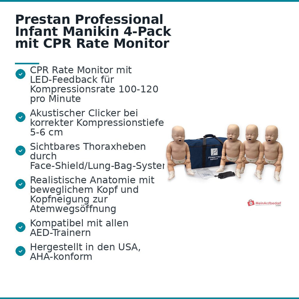 Prestan Professional Infant Manikin 4-Pack, CPR-Trainingsphantom mit Echtzeit-Feedback, Kompressionstiefen-Clicker, sichtbarem Thoraxheben, mittlerer Hautton.