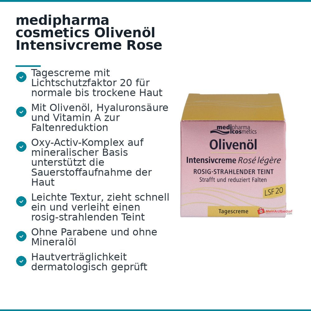 medipharma cosmetics Crema Intensiva de Aceite de Oliva Rosa Ligera SPF 20, 50 ml