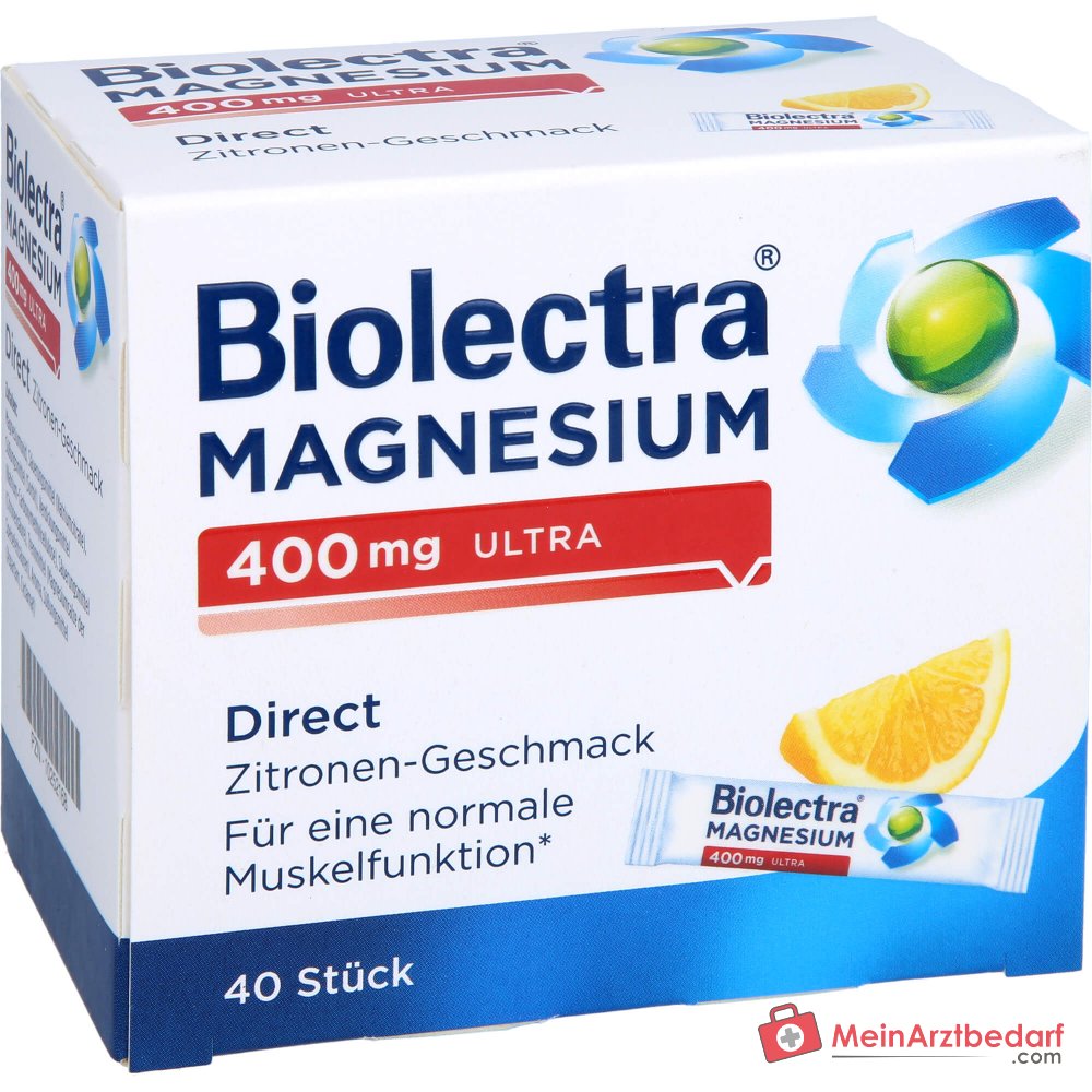 Biolectra Magnesium 400 mg ultra Direct Magnesiumoxid Micro-Pellets Zitronengeschmack, 40 Sticks.