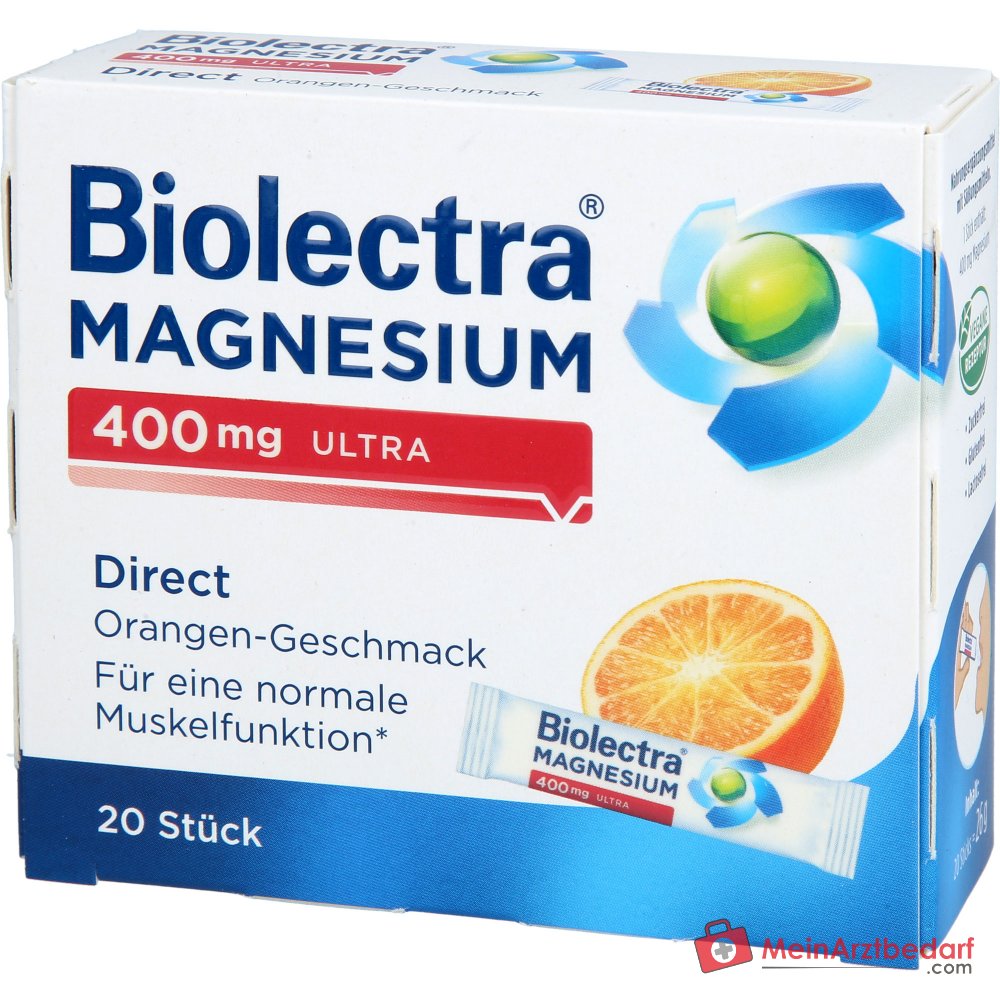 Biolectra Magnesium 400 mg Ultra Direct Orange Magnesiumoxid Micro-Pellets, 20 Sticks.