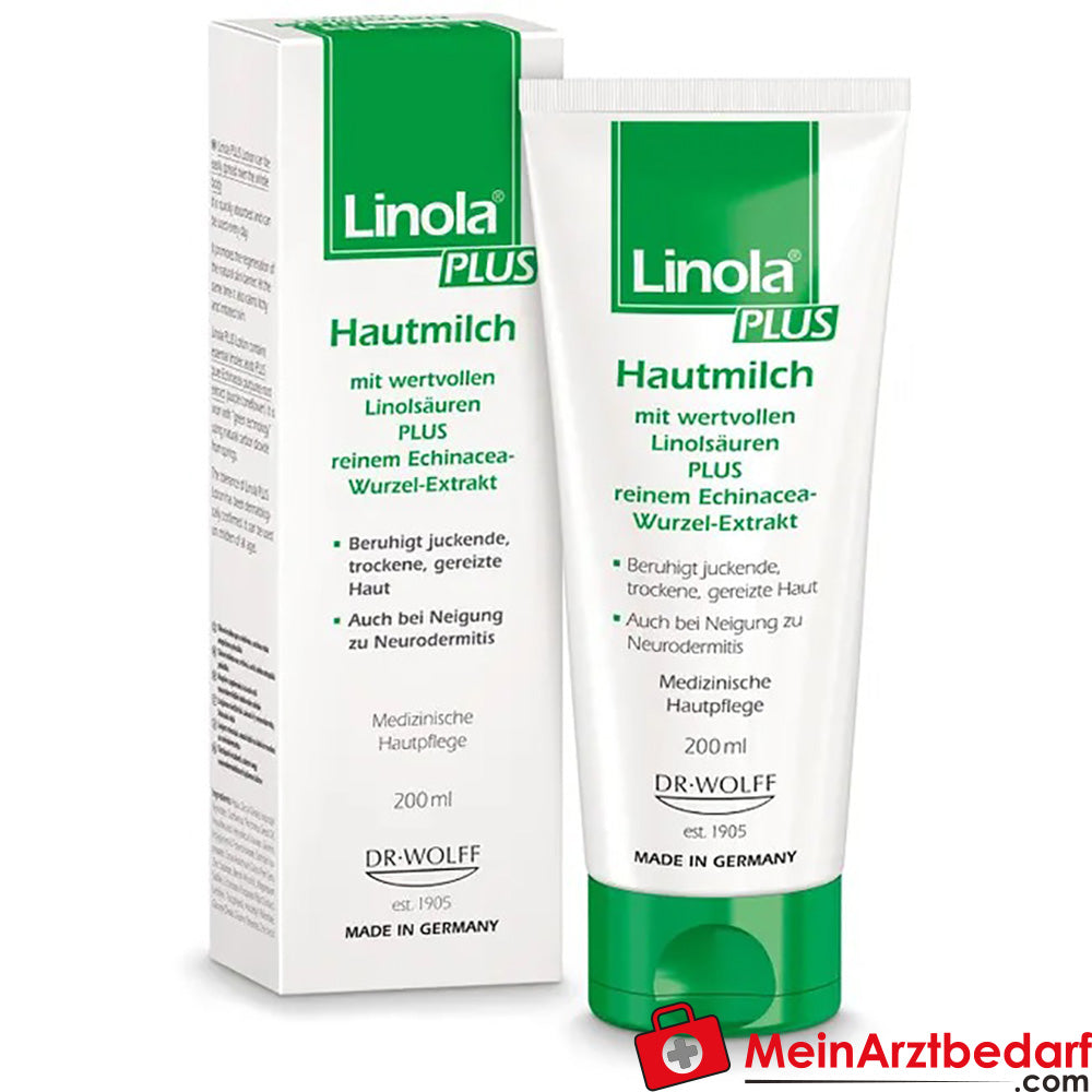 Linola PLUS Hautmilch - Körperlotion für juckende, trockene und irritierte Haut, 200ml.