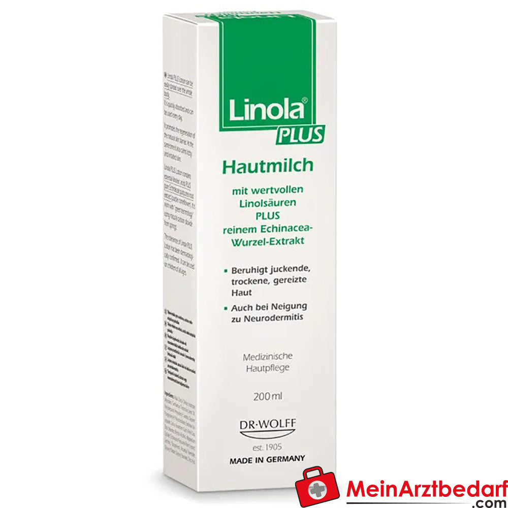 Linola PLUS Hautmilch - Körperlotion für juckende, trockene und irritierte Haut, 200ml.
