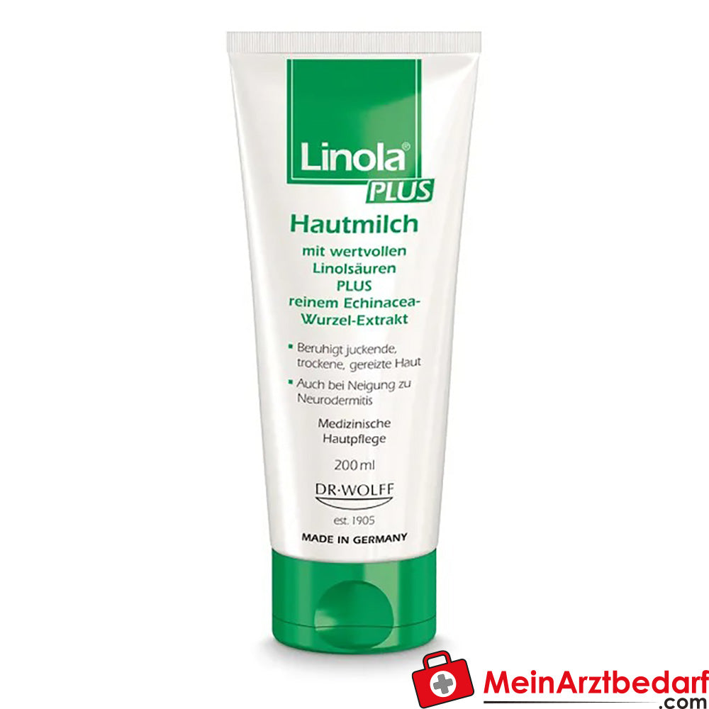 Linola PLUS Hautmilch - Körperlotion für juckende, trockene und irritierte Haut, 200ml.