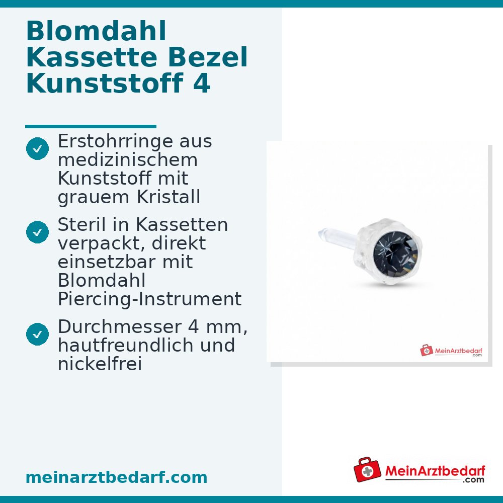Blomdahl Erstohrstecker Bezel Kunststoff grau mit Kristall, 4 mm, 10 Stk..