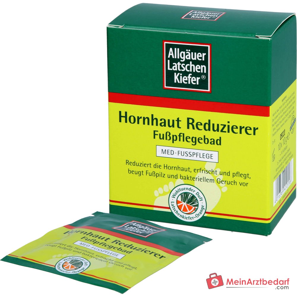 Allgäuer Latschenkiefer Hornhaut Reduzierer Fußpflegebad Latschenkiefernöl / Meersalz / Weidenrindenextrakt Bad, 10x10 g.