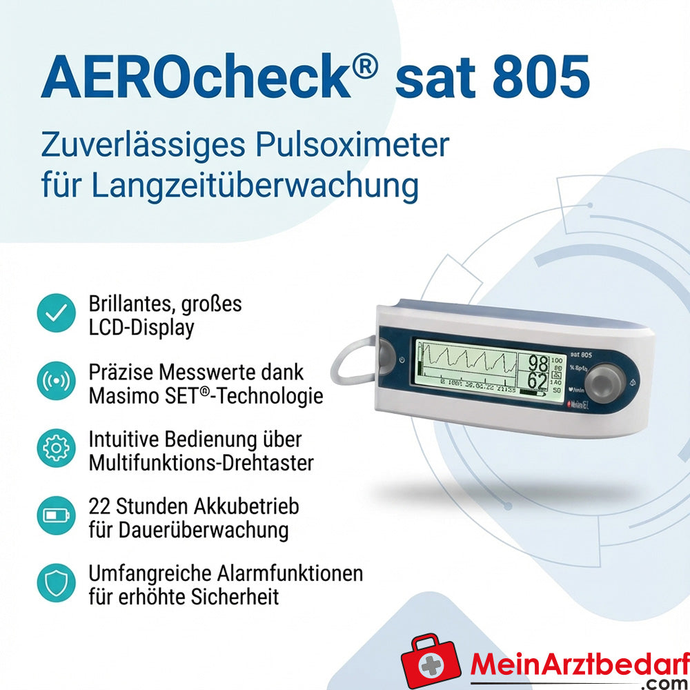 AEROcheck® sat 805 pulse oximeter long-term monitoring LCD Li-Ion battery 22h SpO2 pulse alarm