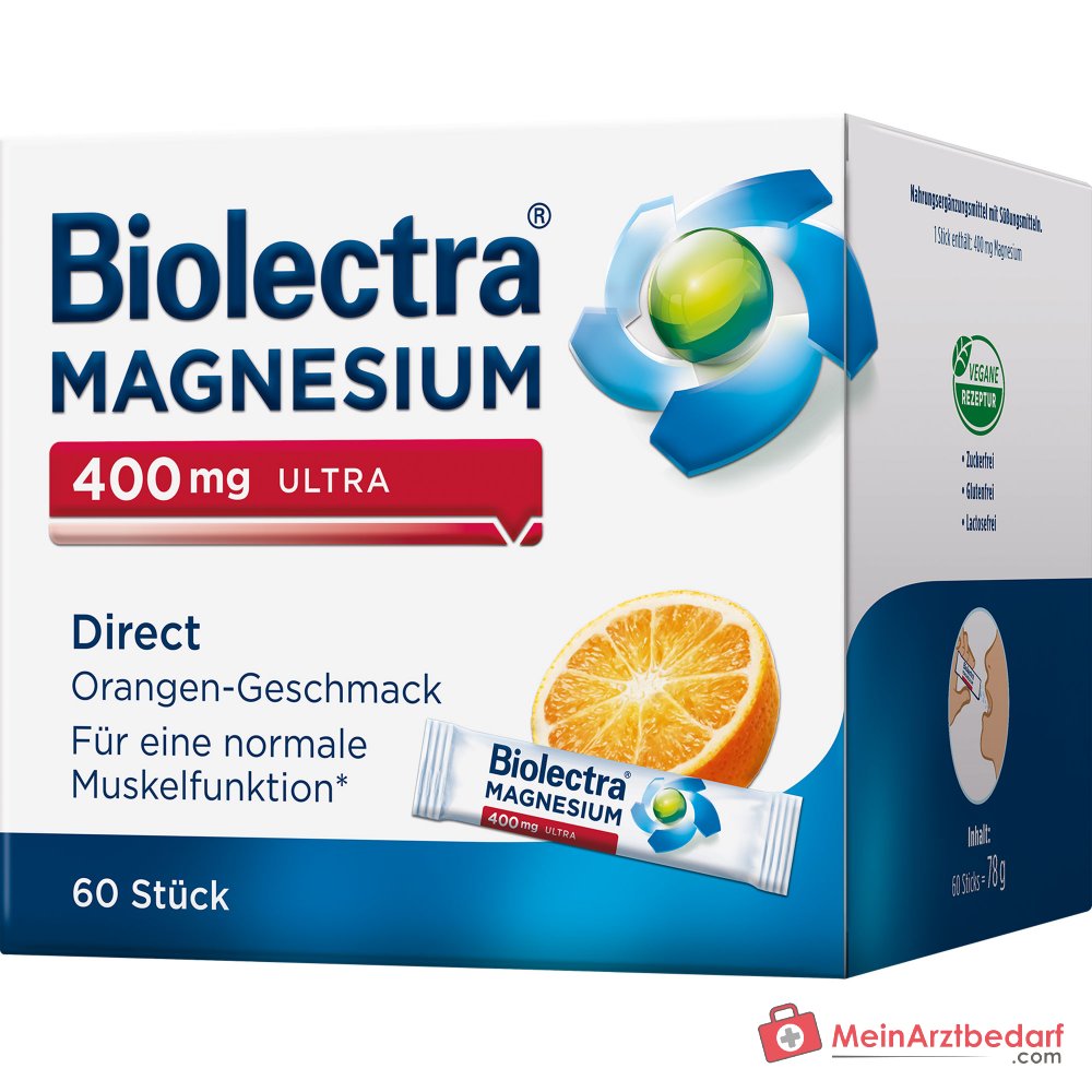Biolectra Magnesium 400 mg ultra Direct Magnesiumoxid Micro-Pellets Orangengeschmack, 60 Sticks.