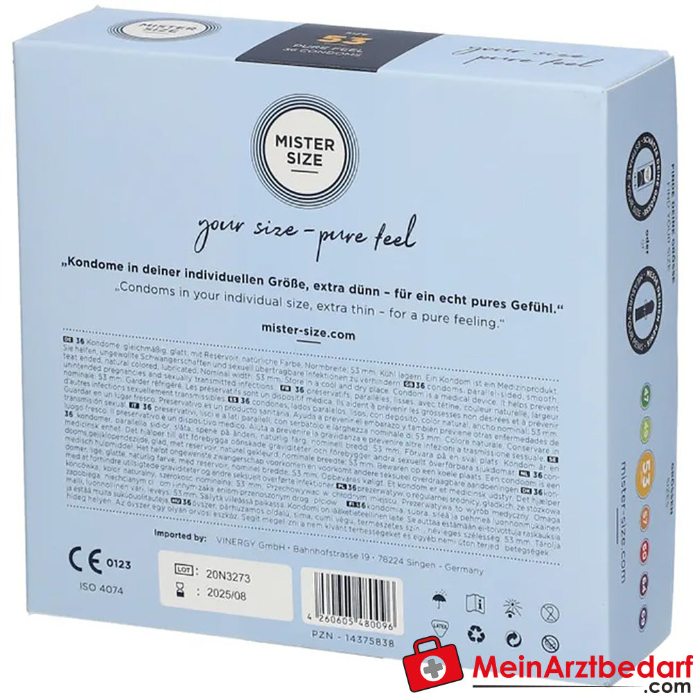 Mister Size 53 Préservatifs 53 mm x 185 mm, extra-minces 0,05 mm, 10 pièces