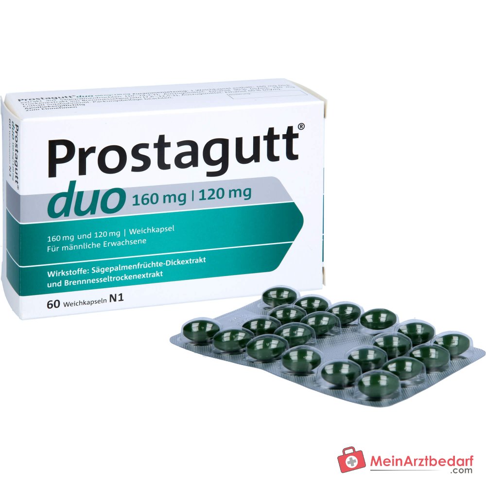 Prostagutt duo extrait épais de fruit de palmier scie / extrait sec de racine d'ortie gélules molles 160 mg/120 mg, 60 pièces.
