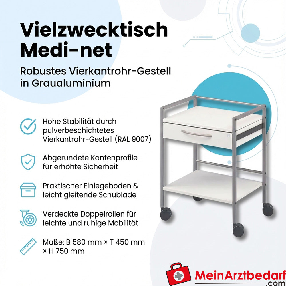 Vielzwecktisch Medi-net Instrumententisch mit Schublade und Rollen RAL 9007 Graualuminium 580×450×750 mm