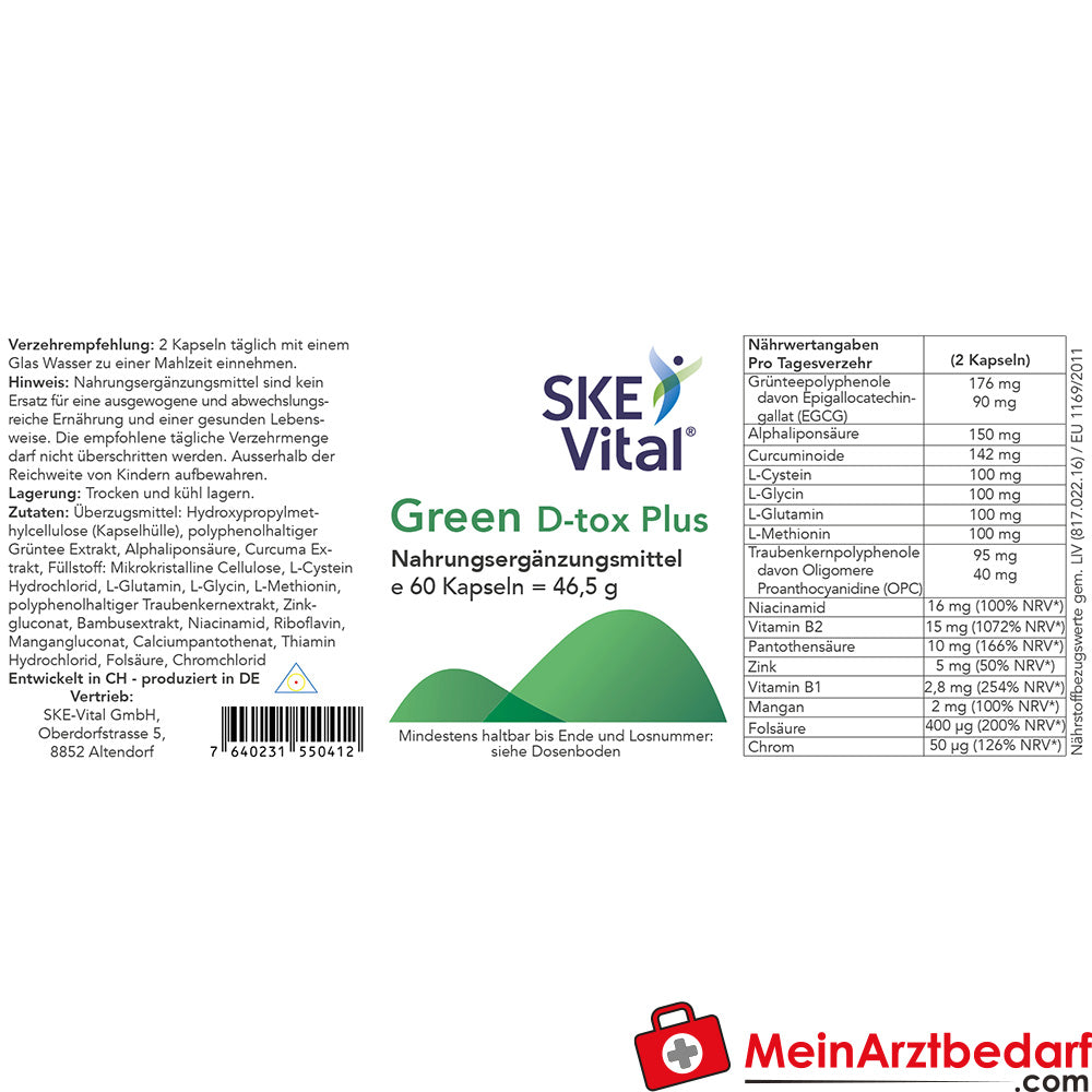 SKE Vital Green D-tox Plus Grüntee, R-Alpha-Liponsäure, Curcuma Kapseln 60 Stück.