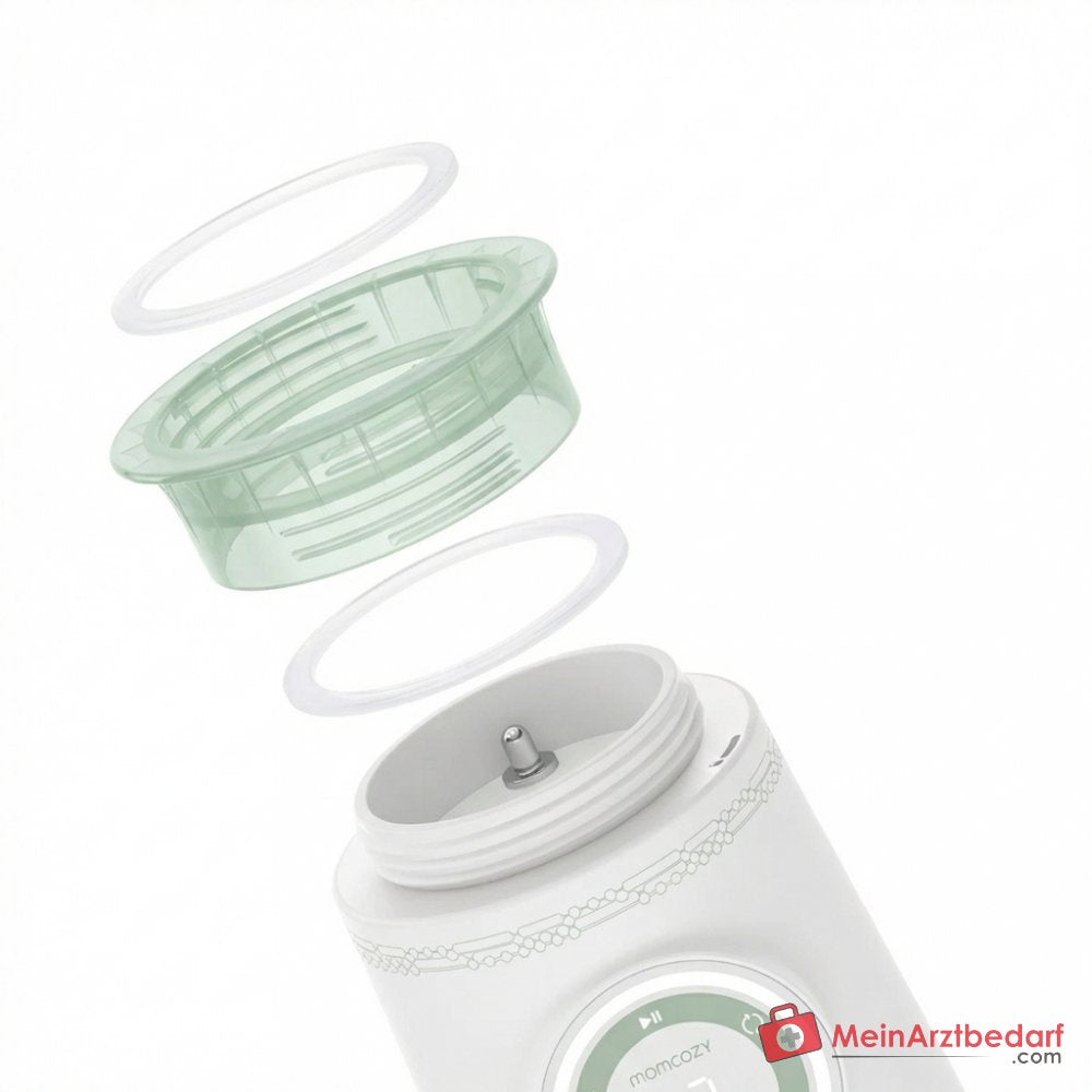 Momcozy MW003-WH12BA-A Draagbare draadloze flessenwarmer met keramische verwarmingsplaat, LCD-display, 6 temperatuurstanden 32-50°C, 120 ml in 2 minuten, IPX4, 5 adapters, BPA-vrij