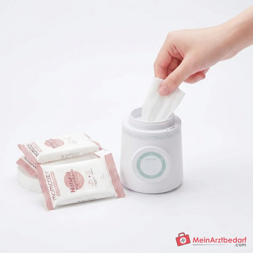 Momcozy MW003-WH12BA-A Draagbare draadloze flessenwarmer met keramische verwarmingsplaat, LCD-display, 6 temperatuurstanden 32-50°C, 120 ml in 2 minuten, IPX4, 5 adapters, BPA-vrij