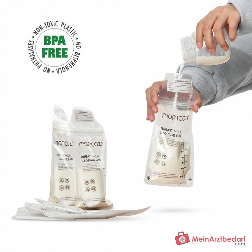 Sacchetti per latte materno Momcozy 180 ml con indicatore di temperatura, doppia sigillatura e design anti-fuga, senza BPA, pre-sterilizzati, 50 pezzi.