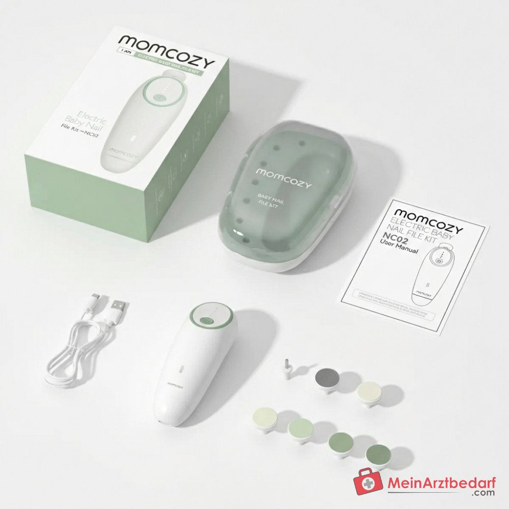 Momcozy NC02 Elektrische Baby-Nagelfeile mit 360° LED-Ringlicht, 4 Geschwindigkeitsstufen, 7 Schleifaufsätze, leise unter 35 dB, USB-C aufladbar