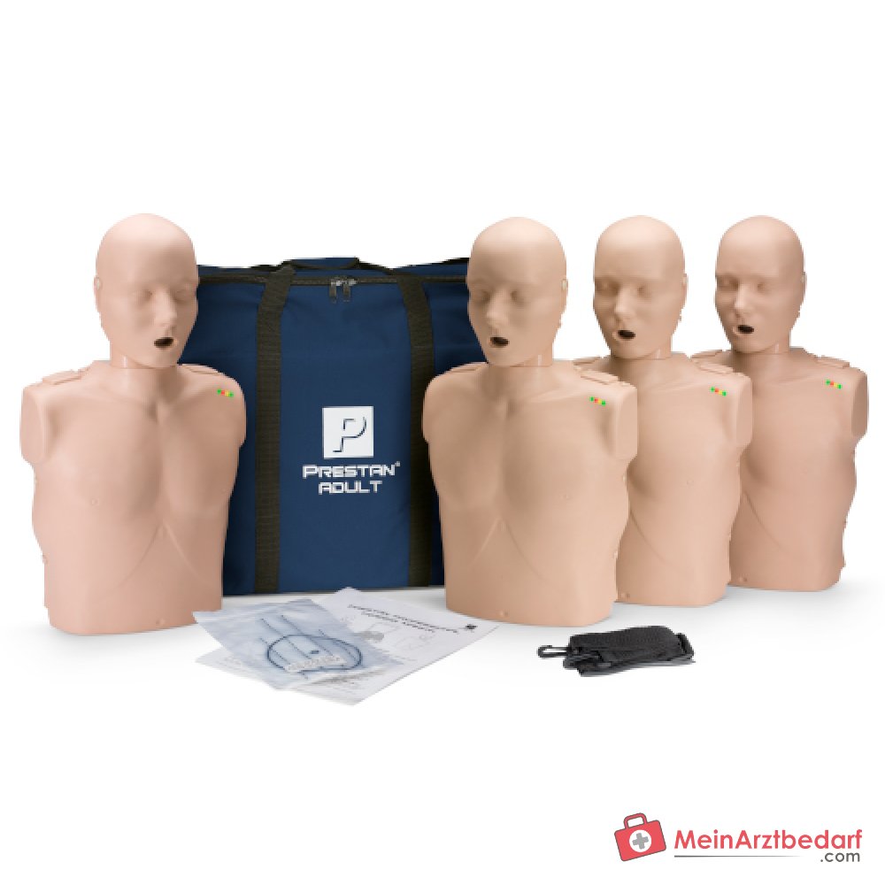 Prestan Professional Adult Manikin 4-Pack mit CPR-Feedback-Monitor, inkl. 50 Gesichtsschutz-Lungenbeuteln und Tragetasche.