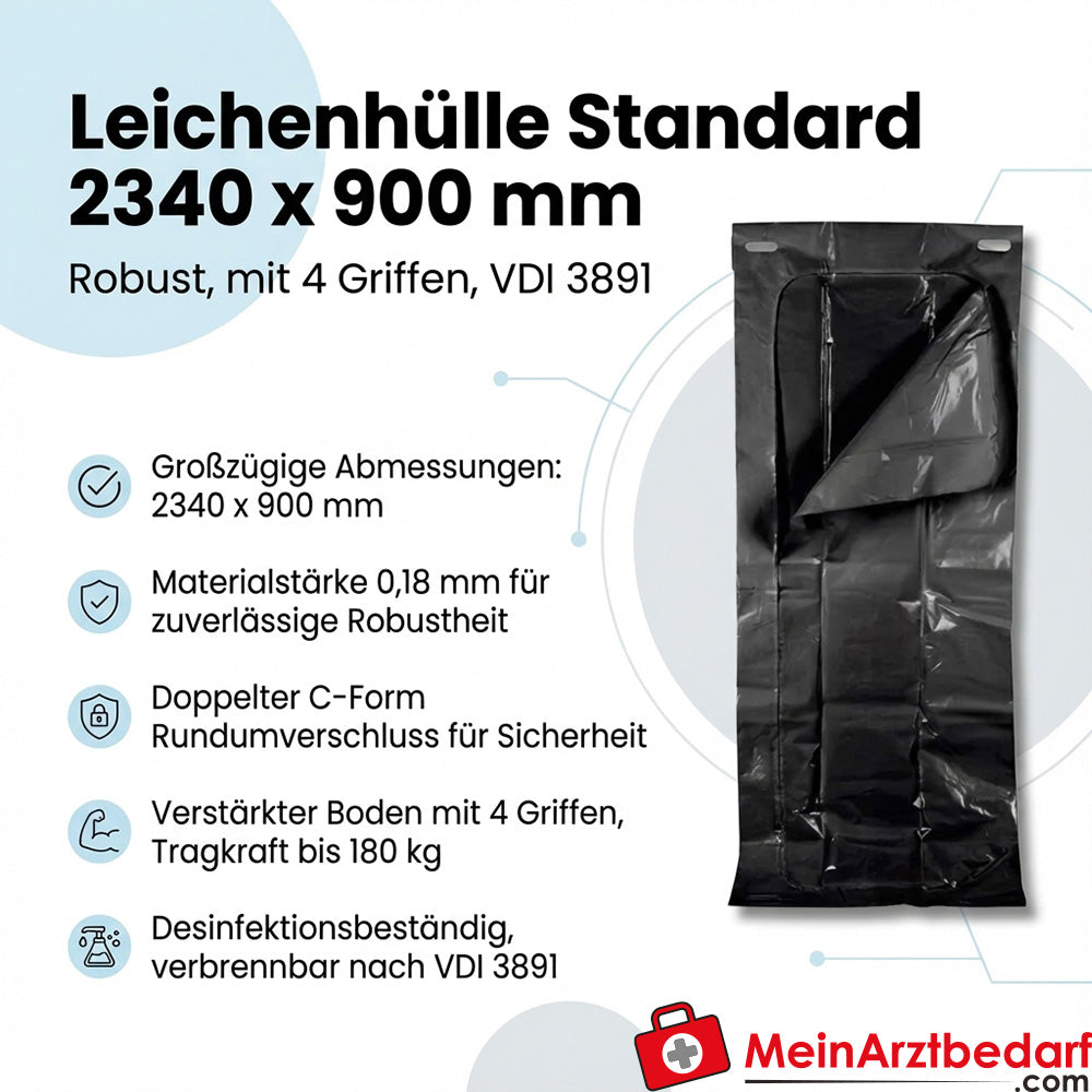 Standard cadaver cover 2340x900 mm 0.18 mm with 4 handles Load capacity 180 kg VDI 3891