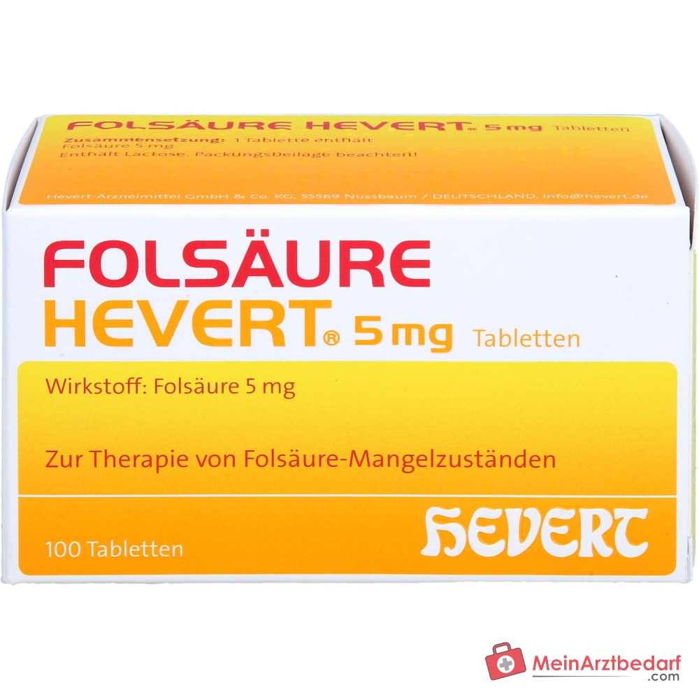 Tabletas de Hevert Ácido Fólico 5 mg, 100 unidades.