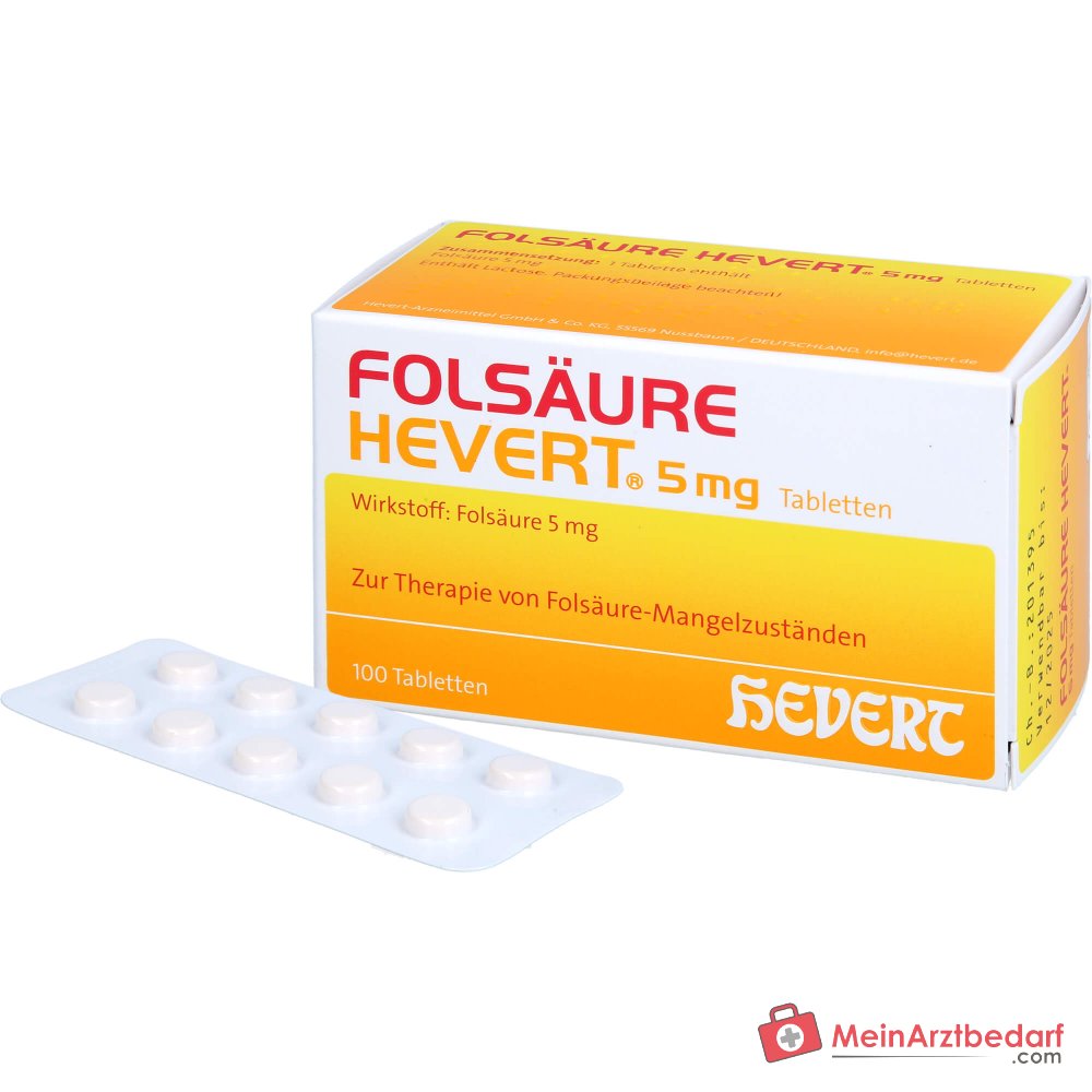 Tabletas de Hevert Ácido Fólico 5 mg, 100 unidades.