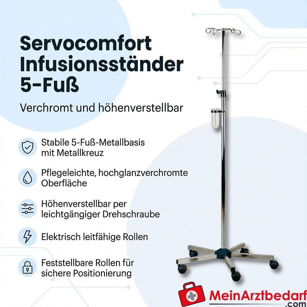 Servocomfort infusion stand 5-leg chrome-plated height-adjustable with conductive locking castors