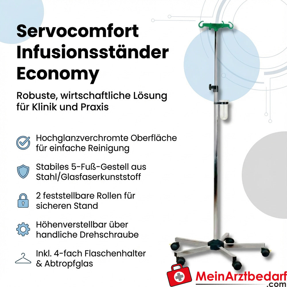 Stojak do infuzji Economy z regulacją wysokości na 5 nogach ze stali/włókna szklanego Uchwyt na 4 butelki Szklanka ociekowa 2 kółka z blokadą