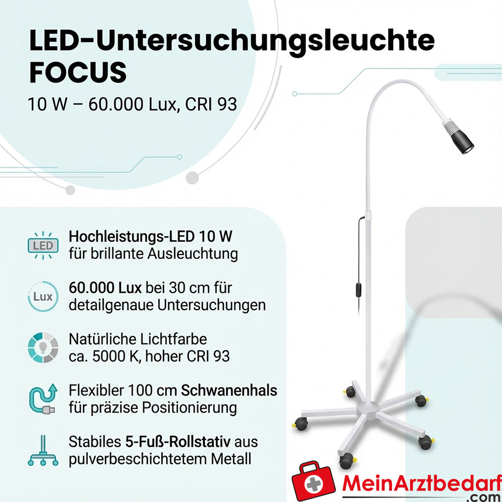 LUXAMED LED-Untersuchungsleuchte FOCUS 10 W, 60.000 Lux bei 30 cm, CRI 93, 100 cm Schwanenhals, 5-Fuß-Rollstativ, weiß