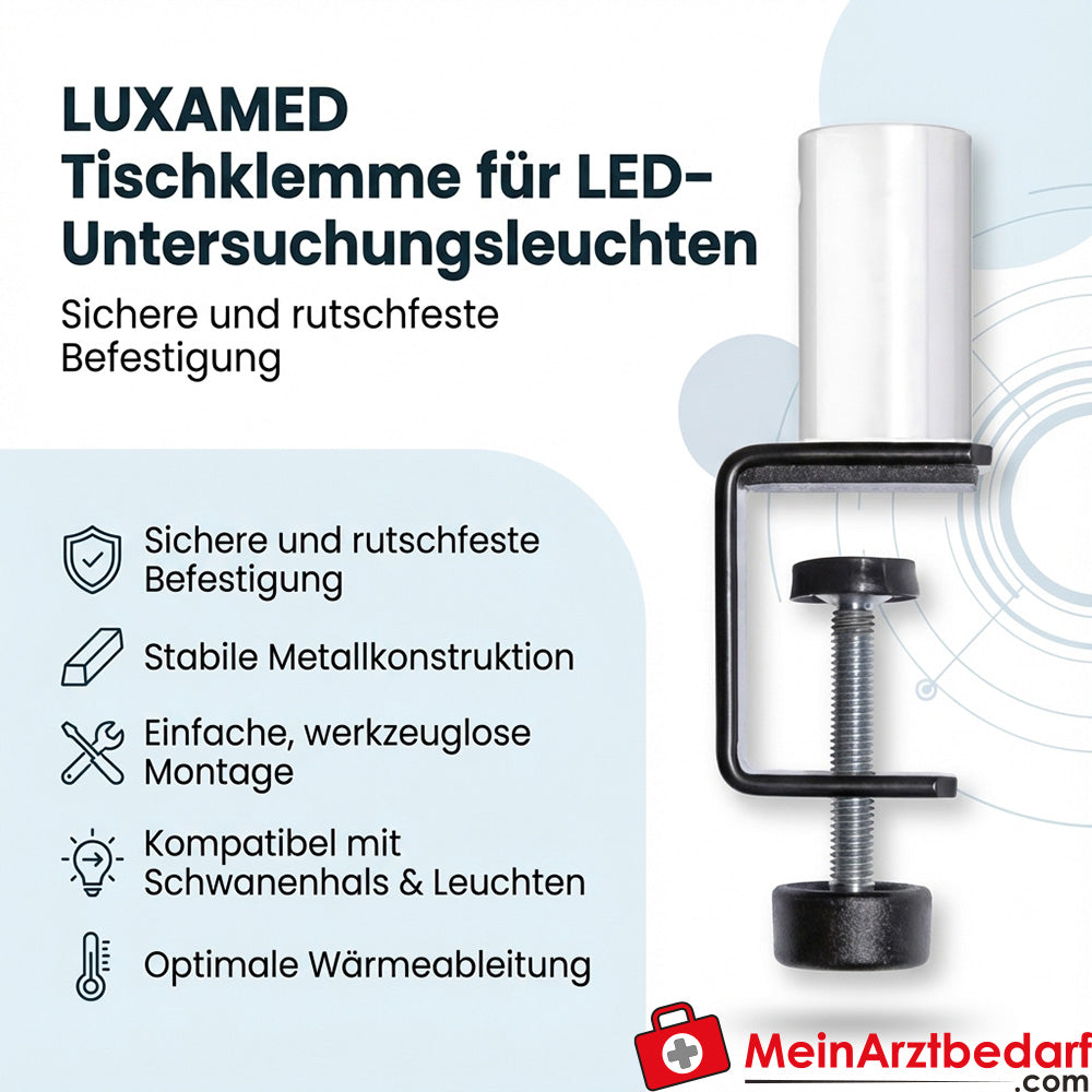 LUXAMED table clamp for LED examination lights, metal, non-slip attachment, compatible with 100 cm gooseneck