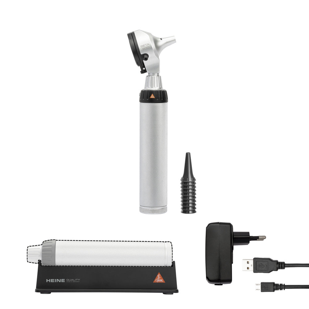 Otoscopio Heine Beta 200 LED Otoscopio Mango de carga USB, 3× aumentos, carcasa metálica.
