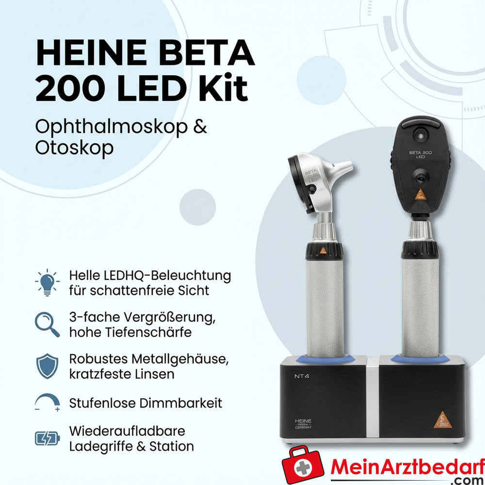 Oftalmoskop Heine BETA 200 LED i BETA 200 LED F.O. Zestaw otoskopu z uchwytami do ładowania BETA4 NT i ładowarką biurkową NT4