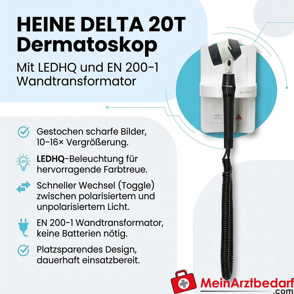 HEINE DELTA 20T Dermatoskop 10–16× LEDHQ Toggle, EN 200-1 Transformator