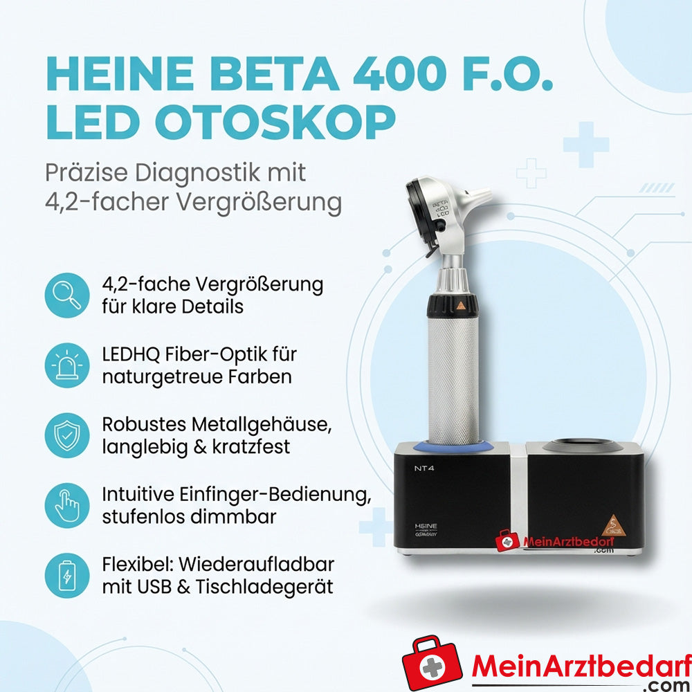 Otoscopio Heine BETA 400 F.O. LED con impugnatura di ricarica BETA4 NT e caricatore da tavolo NT4