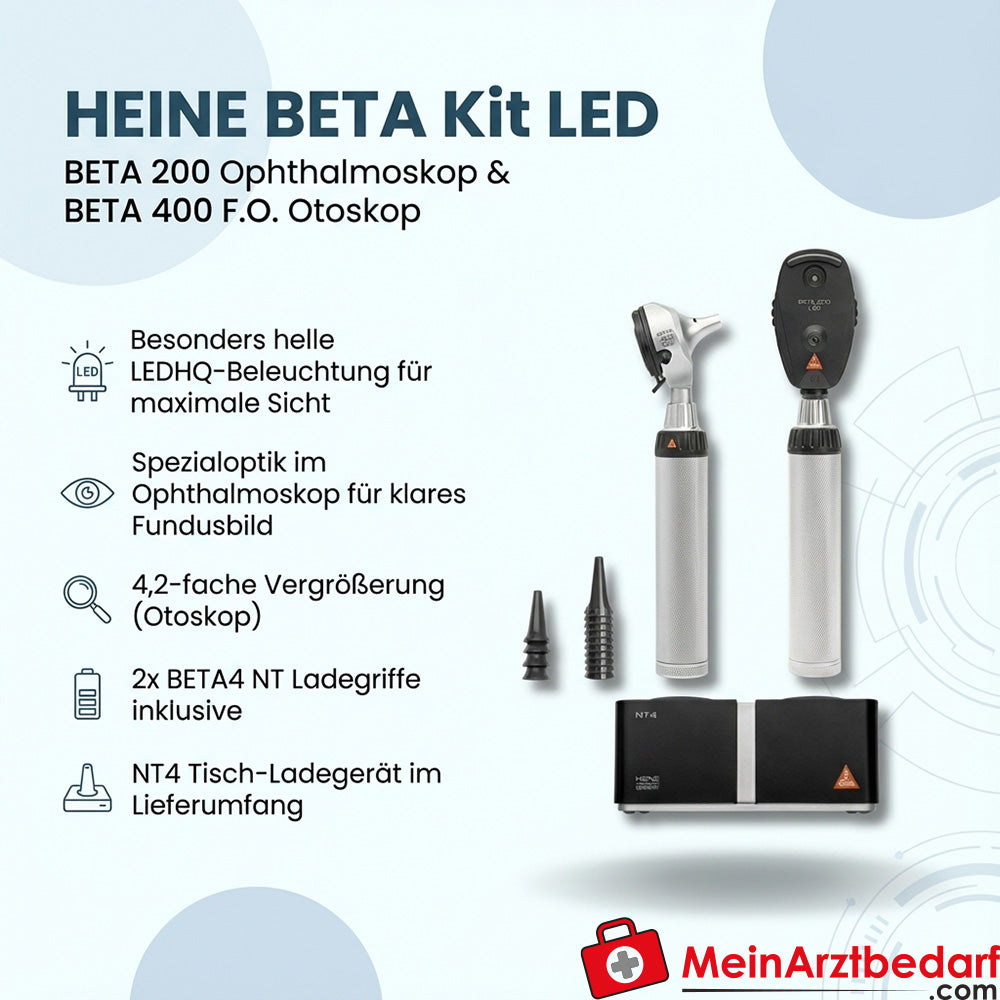 Heine BETA Kit LED - oftalmoscopio BETA 200 e BETA 400 F.O. Otoscopio, 2 maniglie di ricarica BETA4 NT, caricatore da tavolo NT4