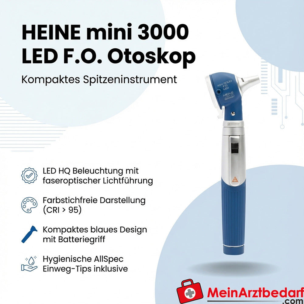 Heine mini 3000 LED F.O. Otoscopio (blu) con impugnatura a batteria e puntali monouso AllSpec
