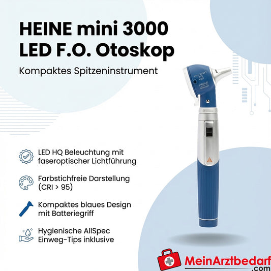 HEINE mini 3000 LED F.O. Otoskop (Blau) mit Batteriegriff und AllSpec Einweg-Tips