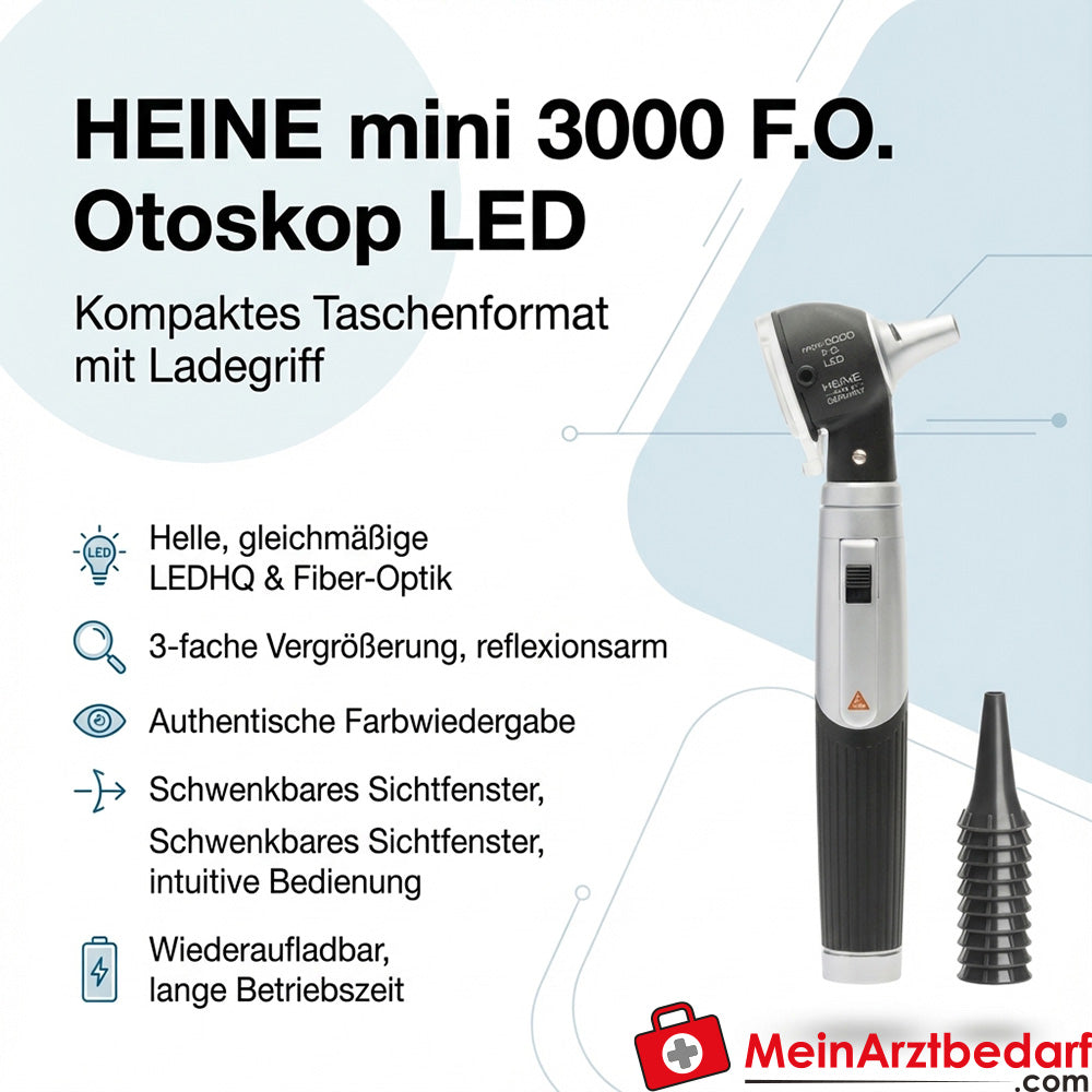 Heine mini 3000 F.O. Otoscope LED charging handle kit with AllSpec disposable tips